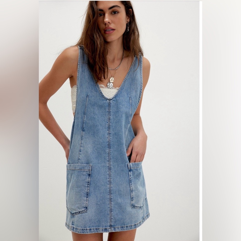 We The Free Light Blue Denim Mini Pinafore Dress